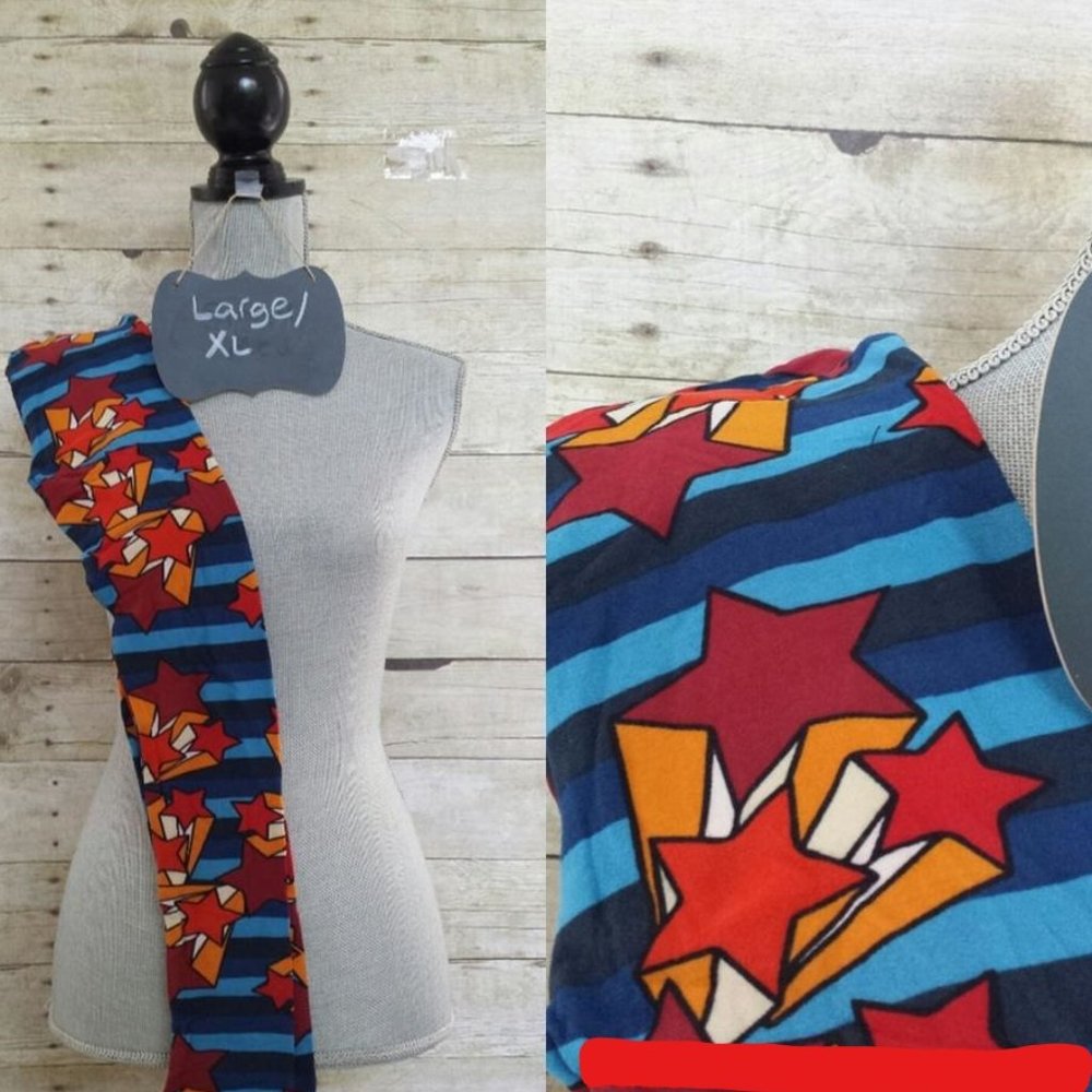 LuLaRoe Kids' Leggings L/XL - Red Stars with Stripes in Blues 3